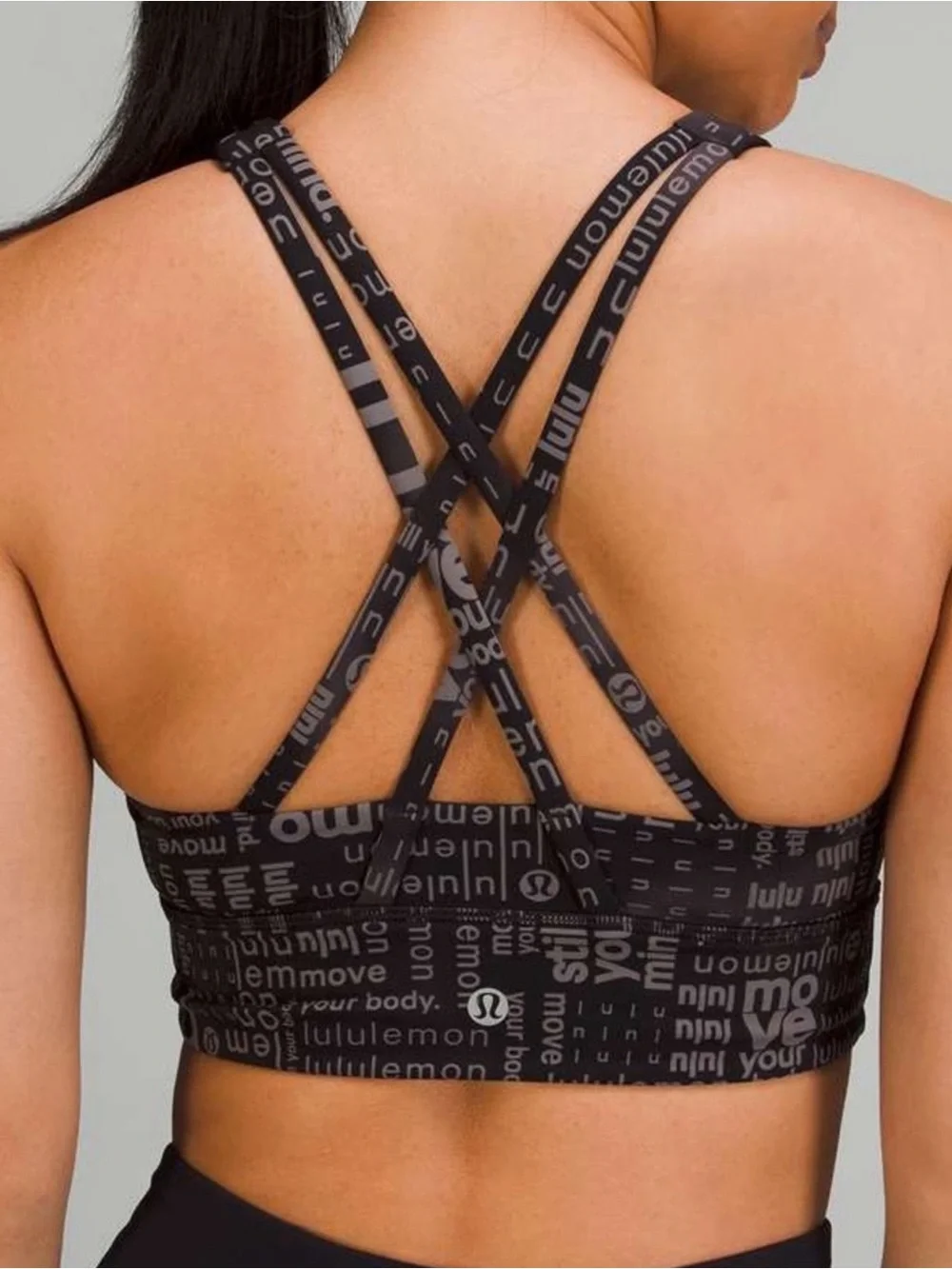 Lululemon Energy Longline Bra Logo Word Print Black Gray Size 6 Rare
